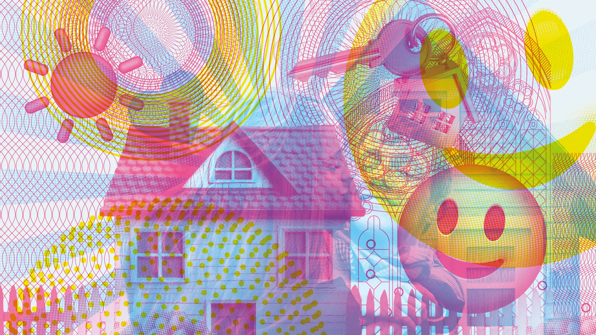 Jubiläumsmotiv zum Thema Eigenheim: In der normalen Ansicht sind grafische Elemente und Symbole rund um ein Haus zu sehen. Mit dem Rotfilter wird ein glückliches Paar sichtbar, das gemeinsam vor seinem Zuhause steht; über dem Haus erscheint ein verborgenes Herz als Symbol für Zusammenhalt und Glücklichsein.