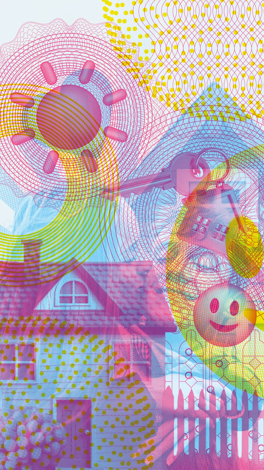 Jubiläumsmotiv zum Thema Eigenheim: In der normalen Ansicht sind grafische Elemente und Symbole rund um ein Haus zu sehen. Mit dem Rotfilter wird ein glückliches Paar sichtbar, das gemeinsam vor seinem Zuhause steht; über dem Haus erscheint ein verborgenes Herz als Symbol für Zusammenhalt und Glücklichsein.