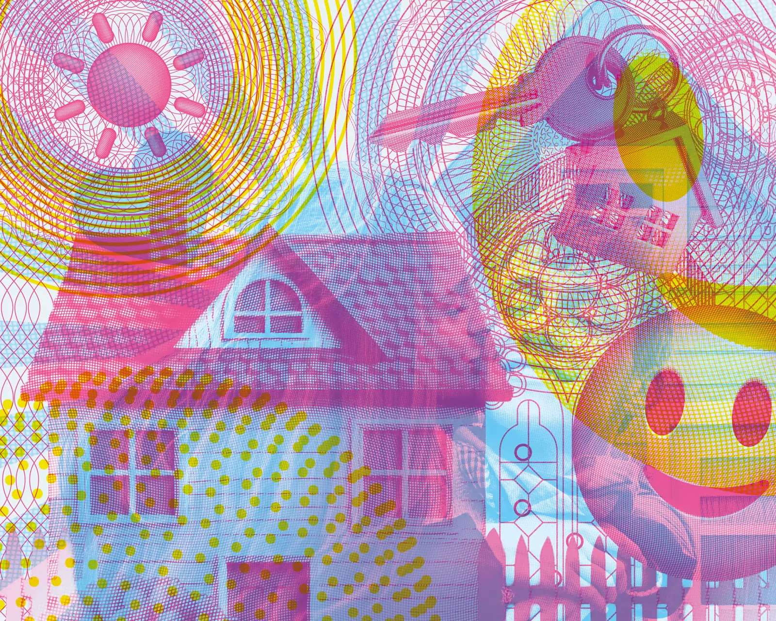 Jubiläumsmotiv zum Thema Eigenheim: In der normalen Ansicht sind grafische Elemente und Symbole rund um ein Haus zu sehen. Mit dem Rotfilter wird ein glückliches Paar sichtbar, das gemeinsam vor seinem Zuhause steht; über dem Haus erscheint ein verborgenes Herz als Symbol für Zusammenhalt und Glücklichsein.