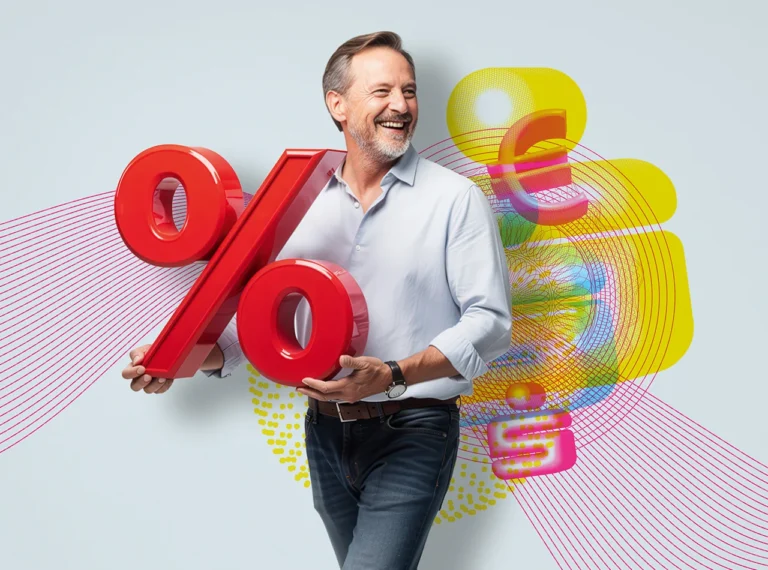 Mann hält ein großes Prozentzeichen als Symbol für Jubiläumsprodukte mit besonderen Konditionen